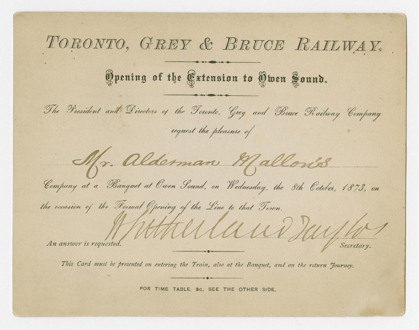 Toronto, Grey & Bruce Railway opening of the extension to Owen Sound