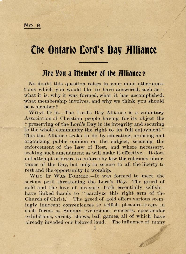 The Ontario Lord's Day Alliance - Are You a Member of the Alliance