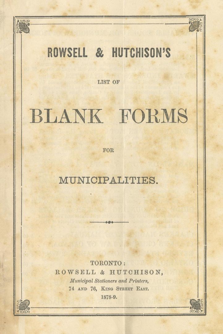 Rowsell & Hutchison's list of blank forms for municipalities