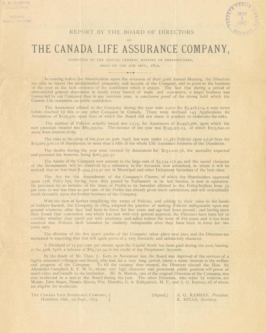 Report by the board of directors of the Canada Life Assurance Company, submitted to the annual general meeting of shareholders held on the 9th Sept. 1879