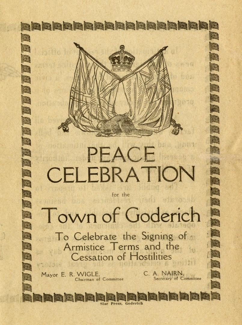 Peace celebration for the town of Goderich to celebrate the signing of armistice terms and the cessation of hostilities