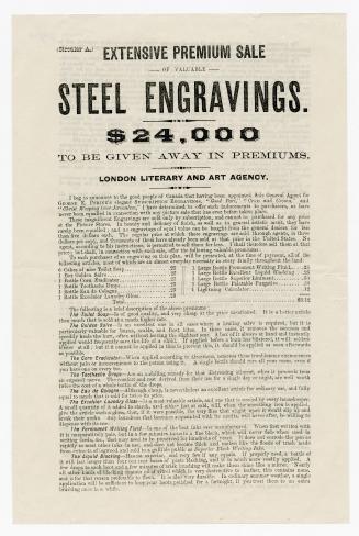 (Circular A) Extensive premium sale of valuable steel engravings : $24,000 to be given away in premiums, London Literary and Art Agency