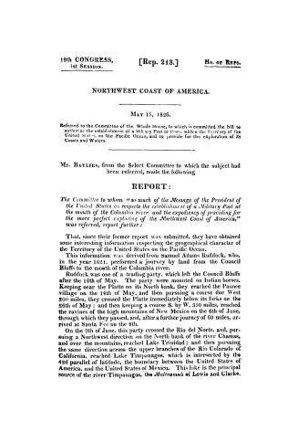 Northwest coast of America. : May 15, 1826. Referred to the Committee of the Whole House, to which is committed the bill to authorize the establishmen(...)