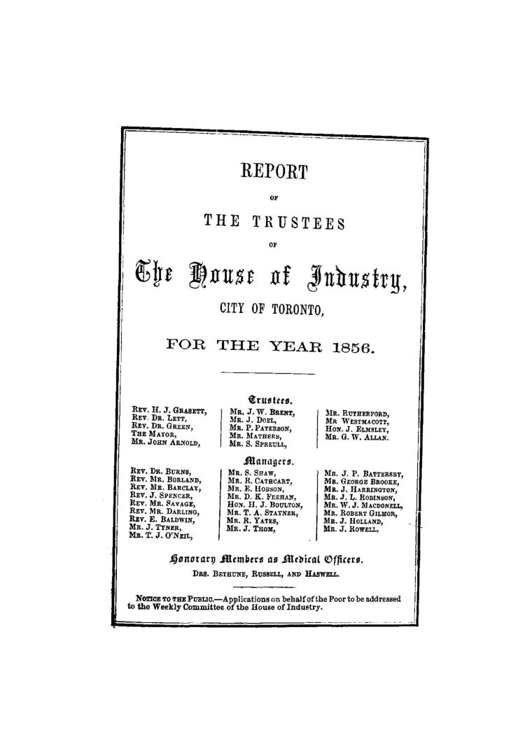Report of the Trustees of the House of Industry, Toronto, for the year 1856.