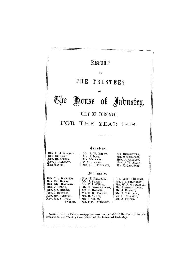 Report of the Trustees of the House of Industry, Toronto, for the year 1858.