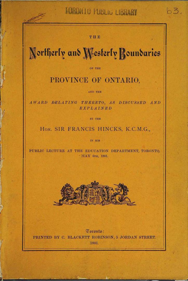 The northerly and westerly boundaries of the province of Ontario and the award relating thereto