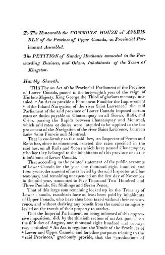 To the honourable the Commons' House of assembly of the province of Upper Canada, in provincial parliament assembled, the petition of sundry merchants(...)