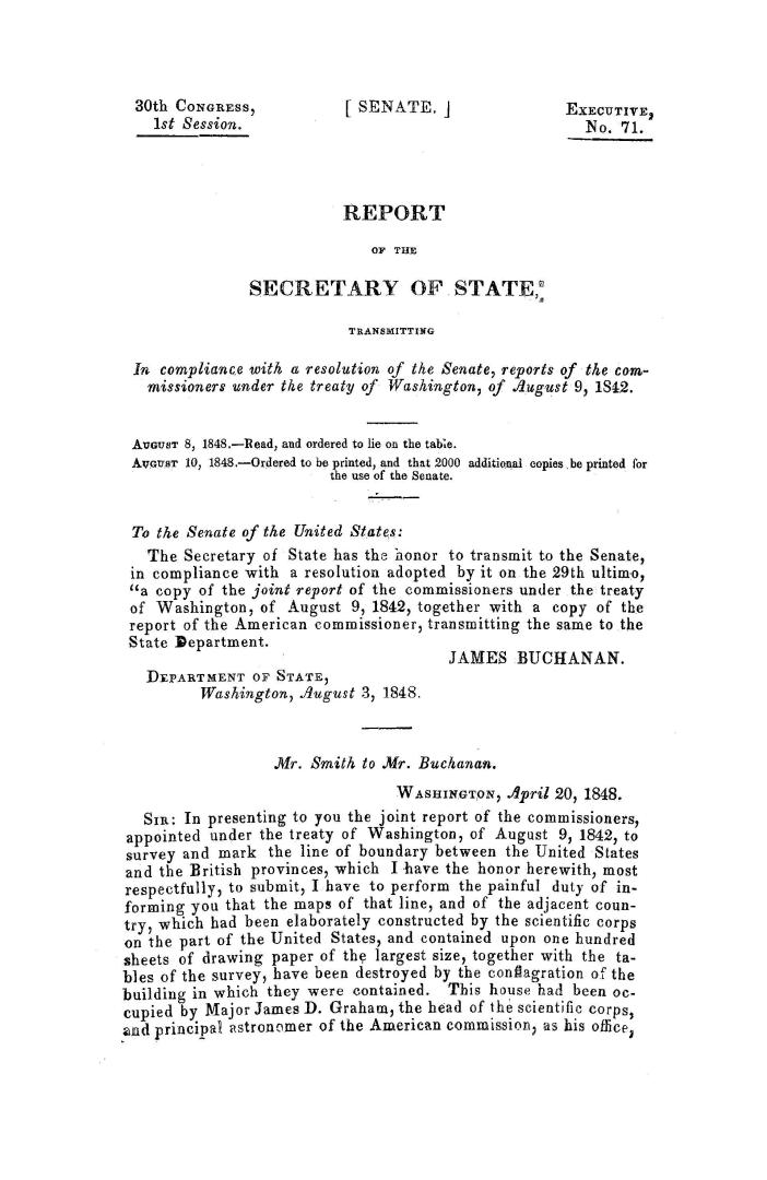 Report of the Secretary of State, transmitting in compliance with a resolution of the Senate, reports of the commissioners under the Treaty of Washing(...)