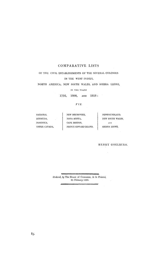 Comparative lists of the civil establishments of the several colonies in the West Indies, North America, New South Wales, and Sierra Leone, in the yea(...)