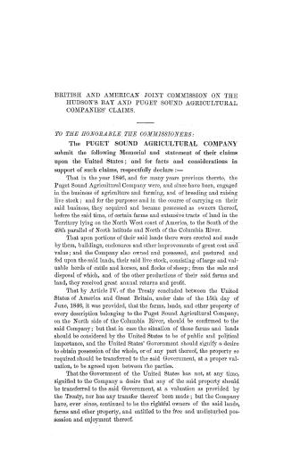 Memorial and statement of the claims of the Puget Sound agricultural company upon the United States