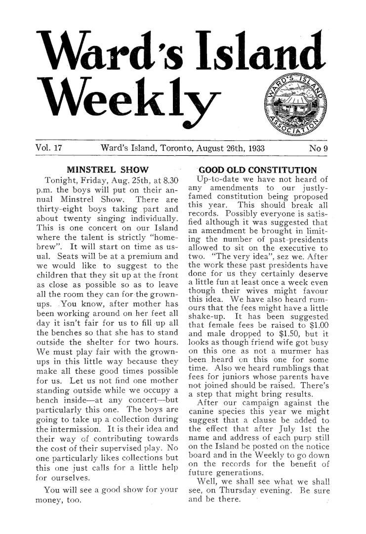 Ward's Island weekly, 1933-08-26