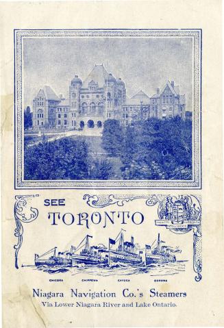 Illustration of Ontario Legislative Building in Toronto. Illustration of four steamships, the C ...