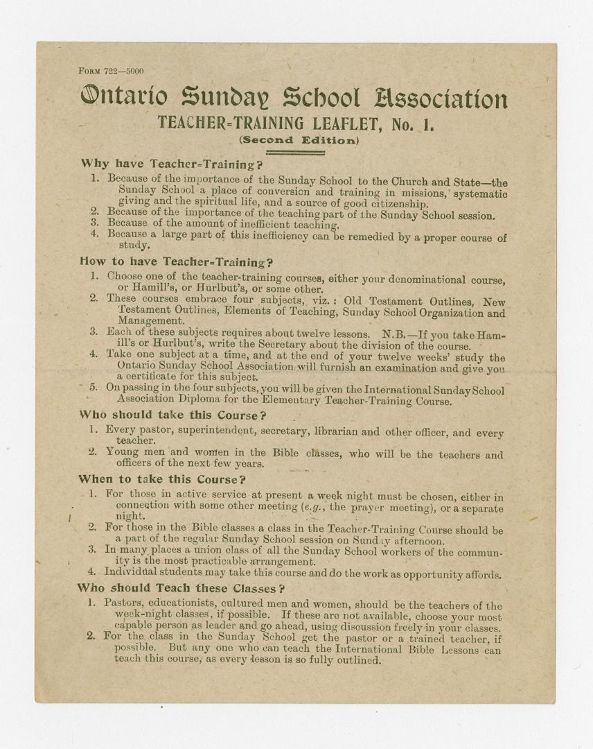 Ontario Sunday School Association : teacher training leaflet, no. 1 (second edition)