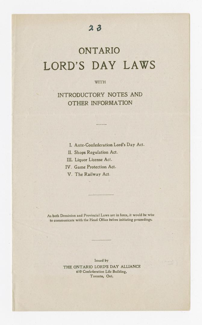 Ontario Lord's Day laws with introductory notes and other information