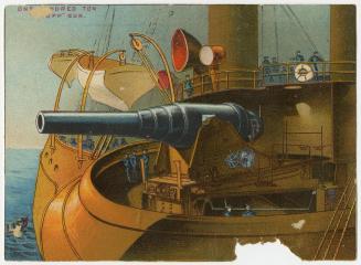 Illustration of a battleship with canon pointed outwards to sea. 