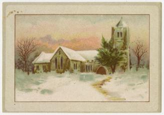 Illustration of a wintery scene with snow on the ground, bare trees and pink coloured sky. A ch ...