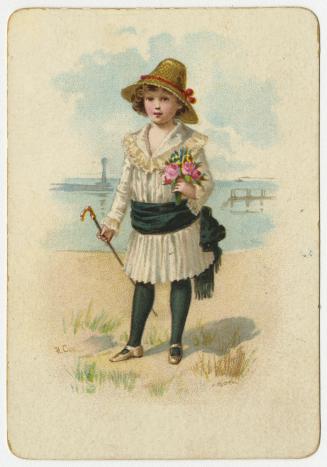 Illustration of a girl in a white pleated dress with lacey collar, dark green sash around her w ...