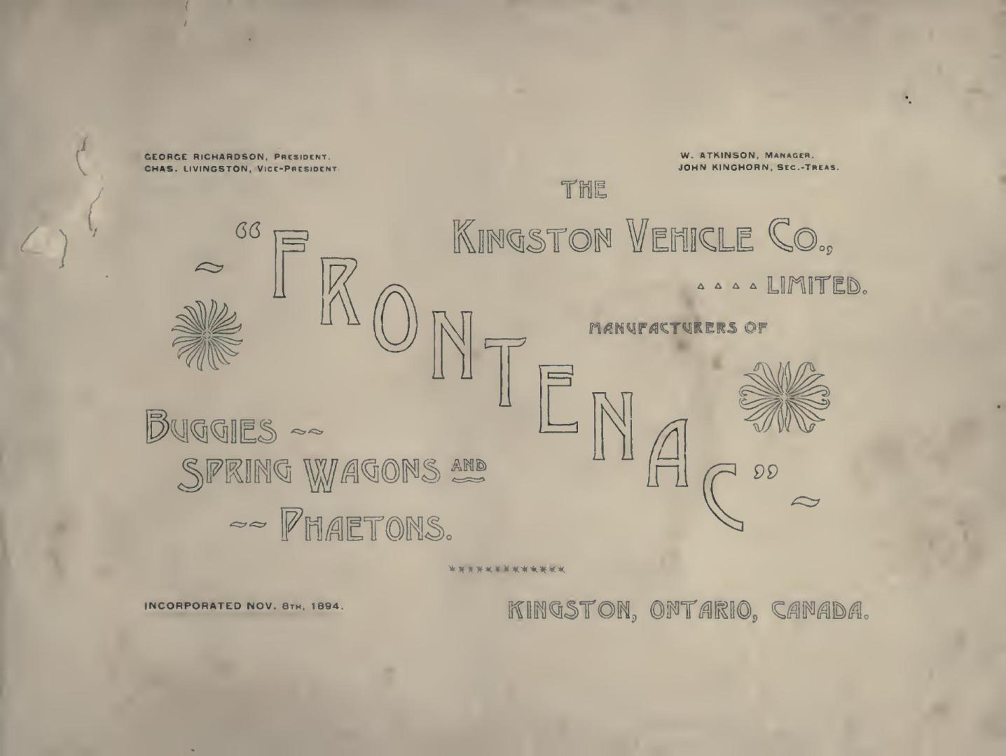 The Kingston Vehicle Co., Limited : manufacturers of Frontenac buggies, spring wagons and phaetons