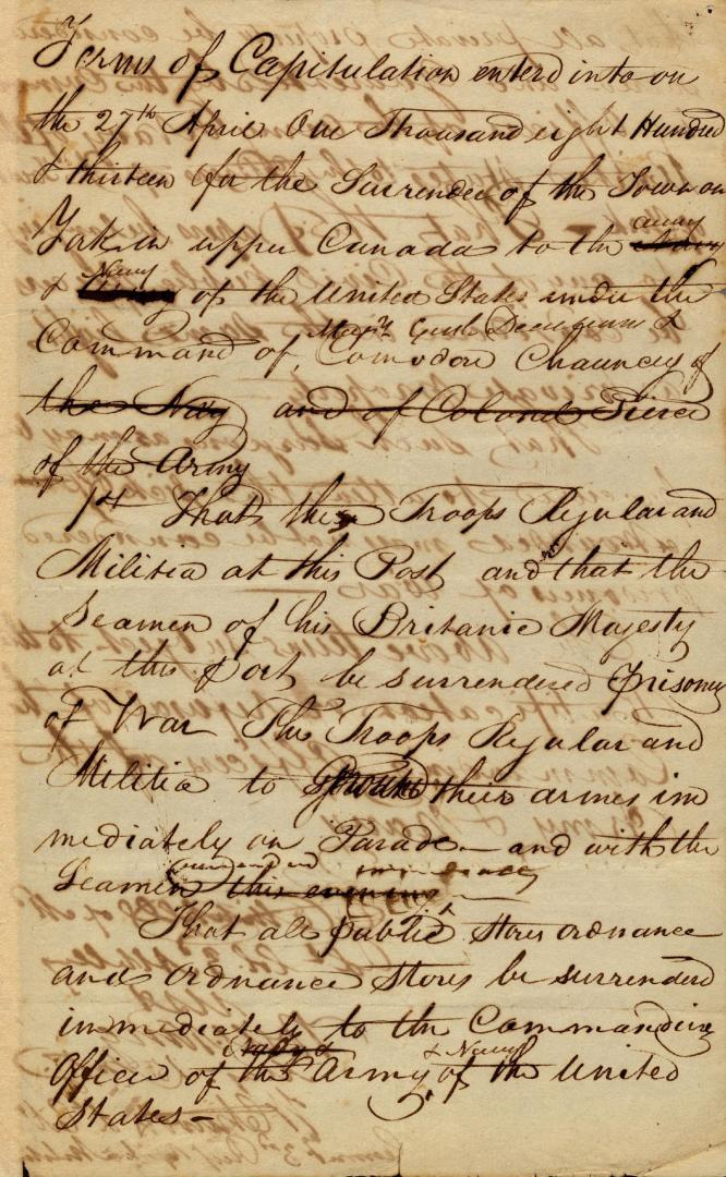 Terms of Capitulation of the Town of York, 27 April, 1813, 1st draft, 1813