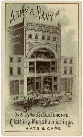 Illustration of the exterior of the Army & Navy clothing store. There are people walking on the ...
