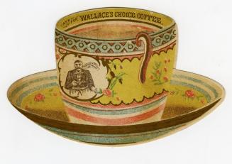 This card is shaped and illustrated to resemble a fancy and colourful teacup and saucer