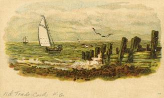 Illustration of sailboats on the water. The water is somewhat choppy as there are whitecaps, an ...