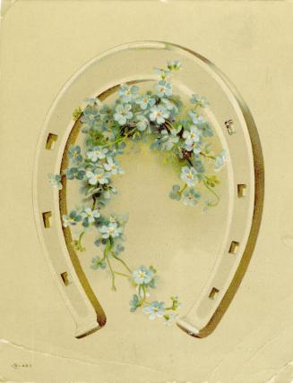 Illustration of a horseshoe with little blue flowers, possibly forget-me-nots surrounding it. 