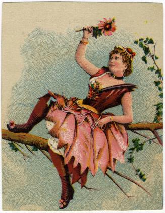 Illustration of a woman in a pink and red Victorian Burlesque style dress sitting on a tree bra ...
