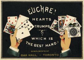 Illustration of a left hand and a right hand holding hands of cards for a game of Euchre 