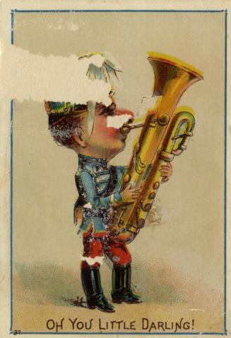 Illustration of rosy cheeked boy with dark coloured hair wearing a marching band uniform and bo ...