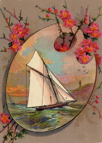 Illustrated image of a painter's palette with the image of a sailboat painted on it. The boat i ...