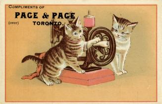 Illustration of two grey and white tabby cats standing next to a sewing machine. One of the cat ...