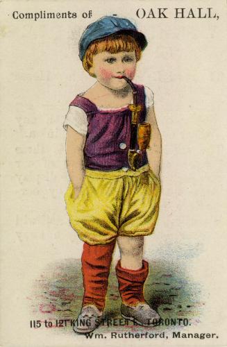 Illustration of a young boy with rosy cheeks and strawberry blonde hair. He is wearing a blue p ...