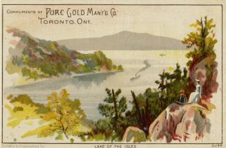 Illustration of scene at Lake of the Isles in New York state. The land surrounding the lake is  ...