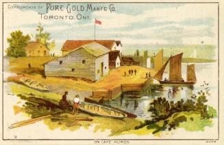 Illustration of a scene along the shores of Lake Huron. There are a few houses and a couple of  ...