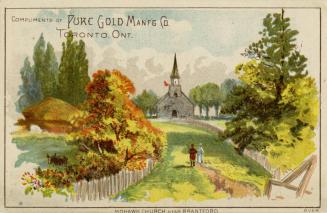 Card features a picturesque scene of two people walking on a path toward Mohawk Church near Bra ...