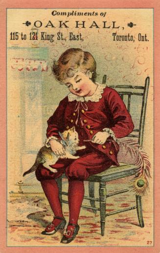 Illustration of a young boy sitting on a chair wearing a red Fauntleroy suit. There is a kitten ...