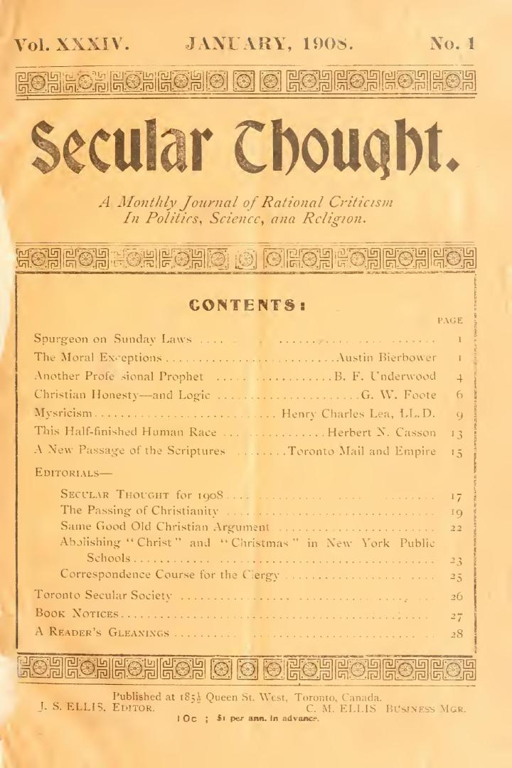 Secular thought, a monthly journal of rational criticism in politics, science and religion, 1908
