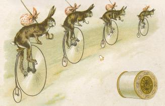 Four brown hares on bicyclees