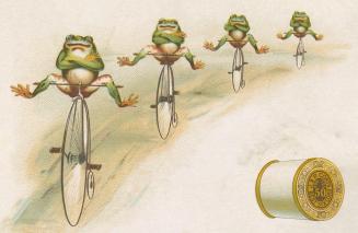 Four frogs on bicycles