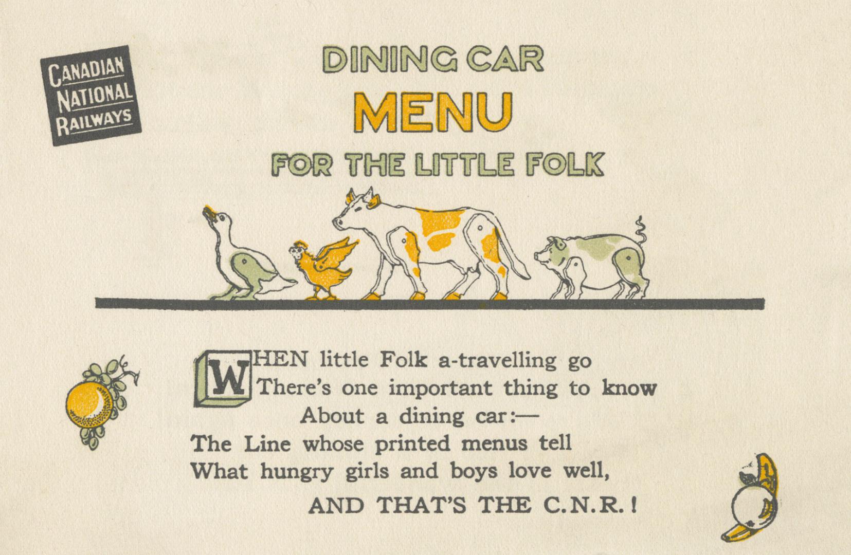 Dining car menu for the little folk