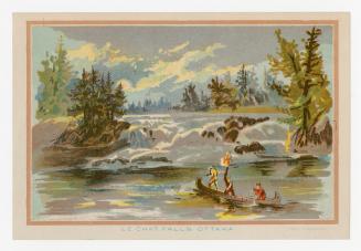 Colour card advertisement. Front of card depicts an illustration of a small waterfall with thre ...