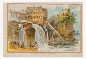 Colour card advertisement. Front of card depicts an illustration of a waterfall with a mill at  ...
