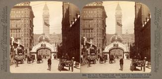 Pictures show a huge arch with the Old Toronto City Hall building behind it. Horse drawn vehicl ...