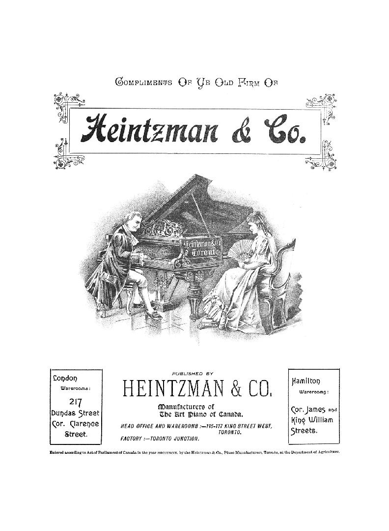 Cover features: advertising copy for Heintzman pianos, all surrounding a drawing of two people  ...