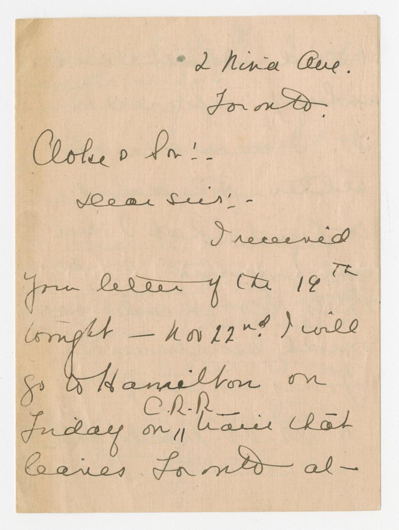 Letter from Lucy Maud Montgomery to Cloke & Son (Hamilton, Ont.) regarding a visit to do a reading