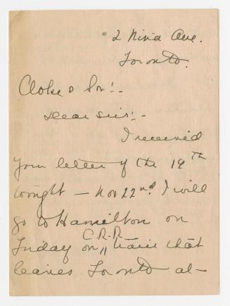 Letter from Lucy Maud Montgomery to Cloke & Son (Hamilton, Ont.) regarding a visit to do a reading