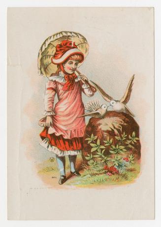 Colour card advertisement depicting an illustration of a girl with a parasol and two birds. The ...