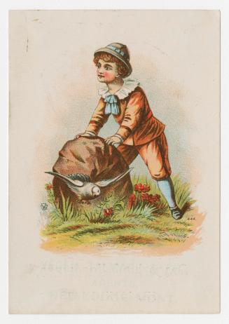 Colour card advertisement depicting an illustration of a child pushing a big rock, standing bes ...