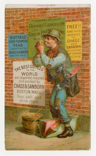  Colour card advertisement depicting an illustration of a man in front of a brick wall covered  ...